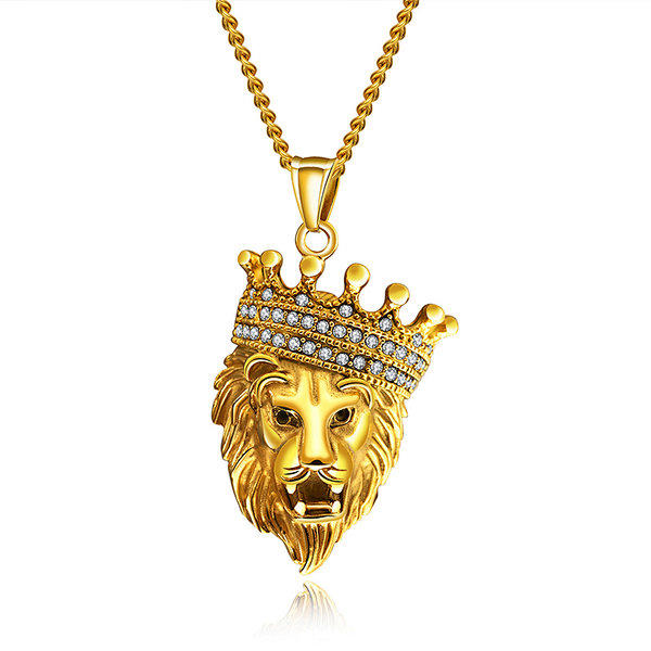 Stainless Steel  Loin Head with Crown Pendant Neckalce