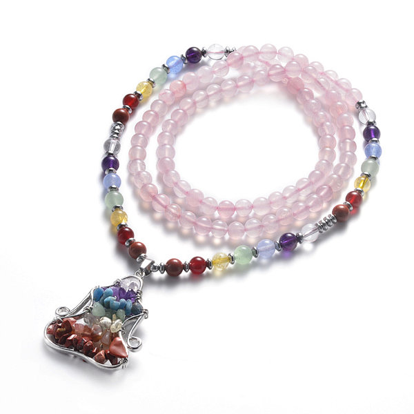 Rose Quartz and 7 Chakra Beads Life Tree Pendants Chakra Necklace