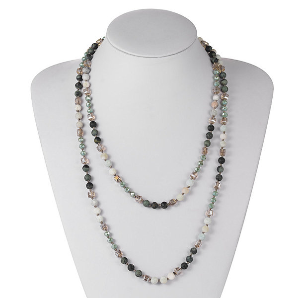 Hand Knotted Glass Crystal Beads and Natural Gemstone Beads Long Beaded Necklace