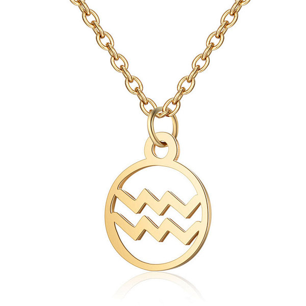 18K Gold Color Stainless Steel Chain Zodiac Necklace, Aquarius, 2 Inches Tail Chain