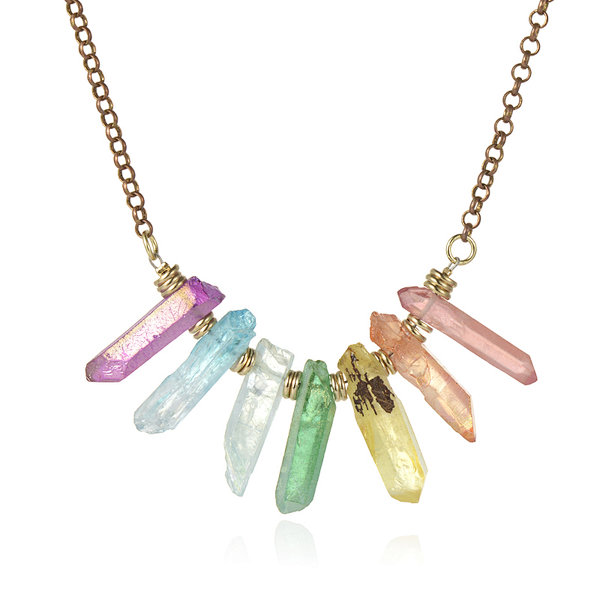 Copper Color Plated Brass Chain Crystal Hexagonal Prism Necklace