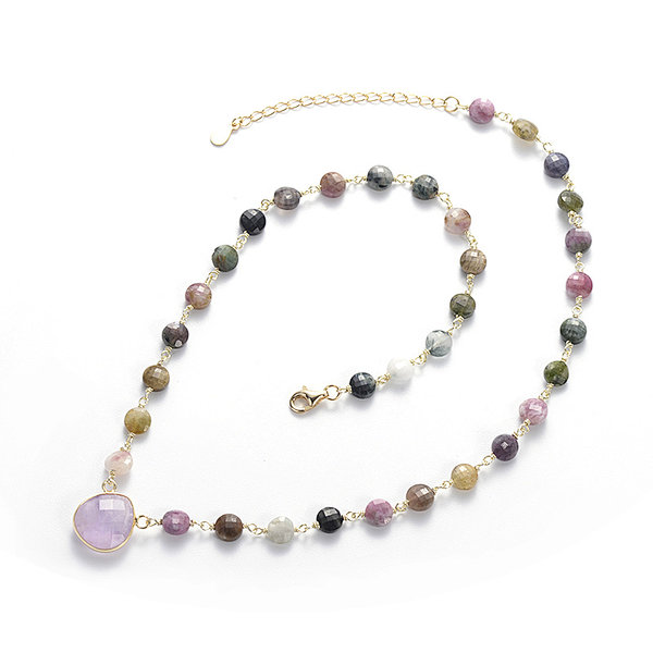 Faceted Tourmaline Coin Brass Rosary Chain Amethyst Pendant Necklace