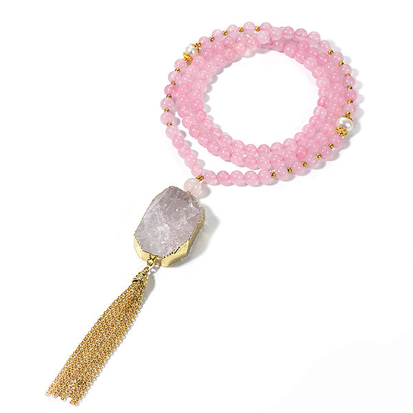 Rose Quartz round Beads and Slab Pendant Brass Chain Tassel Necklace