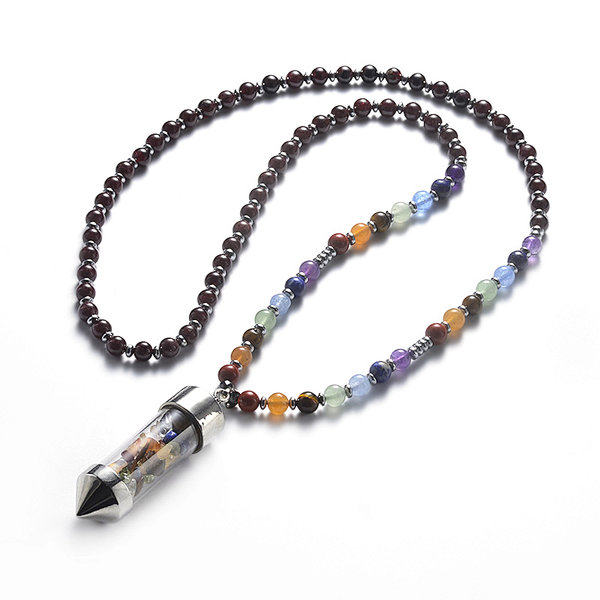 Garnet Beads Bullet Pendant 7 Chakra Necklace