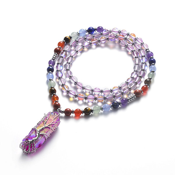 Rainbow Crystal and 7 Chakra Beads Rough Crystal Hexagonal Prism Life Tree Pendants Chakra Necklace