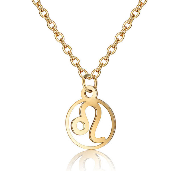 18K Gold Color Stainless Steel Chain Zodiac Necklace, Leo, 2 Inches Tail Chain