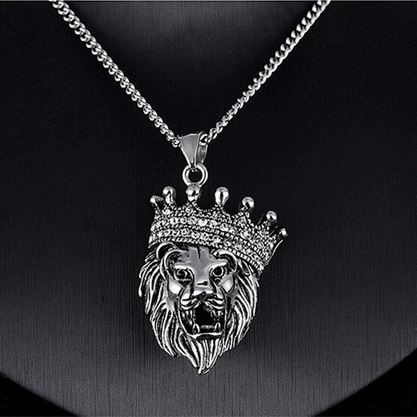 Stainless Steel  Loin Head with Crown Pendant Neckalce