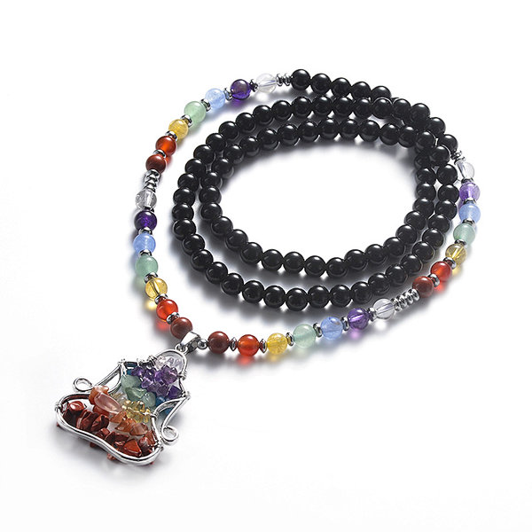 Black Onyx and 7 Chakra Beads Life Tree Pendants Chakra Necklace