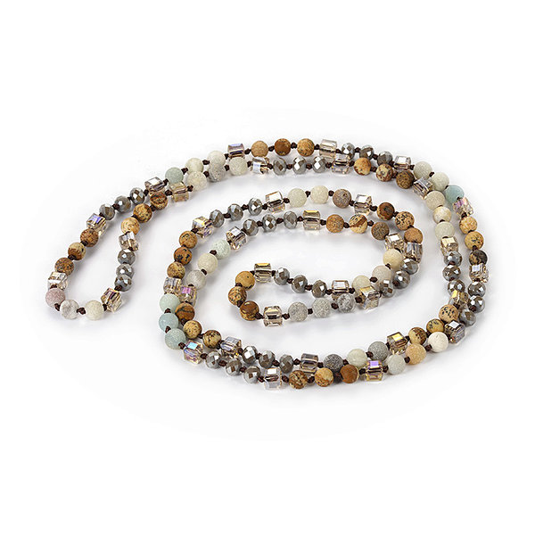 Hand Knotted Glass Crystal Beads and Natural Gemstone Beads Long Beaded Necklace