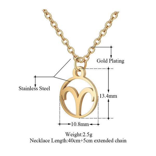 18K Gold Color Stainless Steel Chain Zodiac Necklace, Pisces, 2 Inches Tail Chain