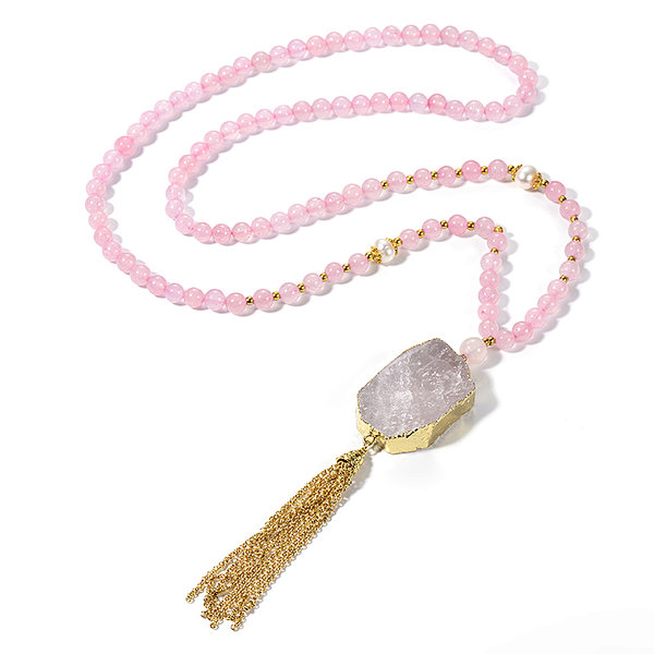 Rose Quartz round Beads and Slab Pendant Brass Chain Tassel Necklace
