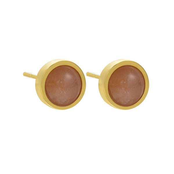 Sunstone Cabochon Gold Color Brass Coin Stud Earring