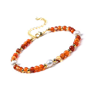 Natural Color Carnelian and Freshwater Beads Bracelet, Brass Lobster Clasp