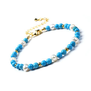 Turquoise Magnesite and Freshwater Beads Bracelet, Brass Lobster Clasp