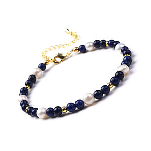 Lapis and Freshwater Beads Bracelet, Brass Lobster Clasp