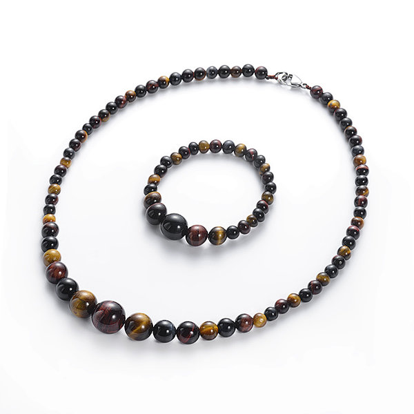 Mixed Tiger Eye Graduated Round Beaded Bracelet and Necklace Set, Brass Lobster Clasp