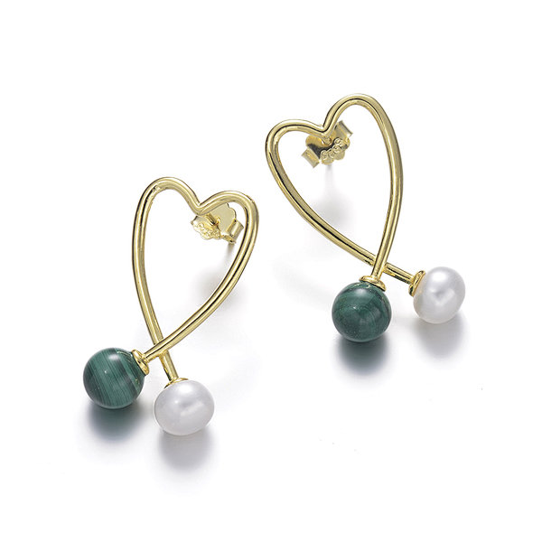 Sterling Silver Earrings, Freshwater Pearl and Malachite
