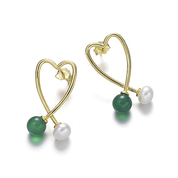 Sterling Silver Earrings, Freshwater Pearl and Green Agate