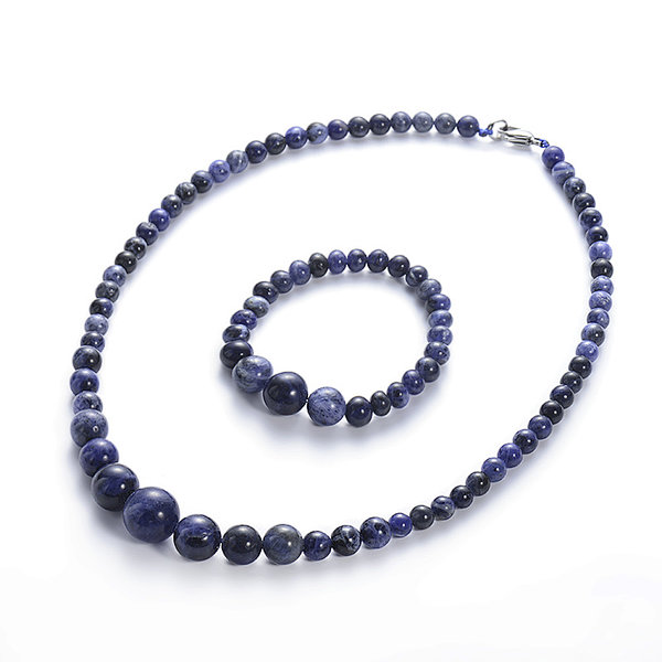 Sodalite Graduated Round Beaded Bracelet and Necklace Set, Brass Lobster Clasp