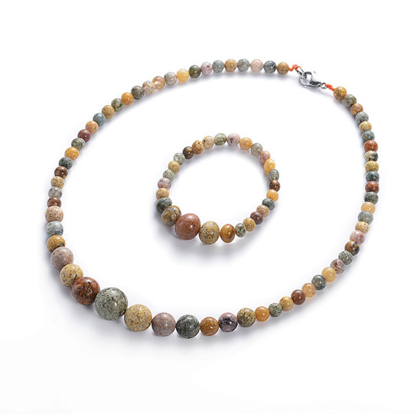 Natural Multicolor Agate Graduated Round Beaded Bracelet and Necklace Set, Brass Lobster Clasp