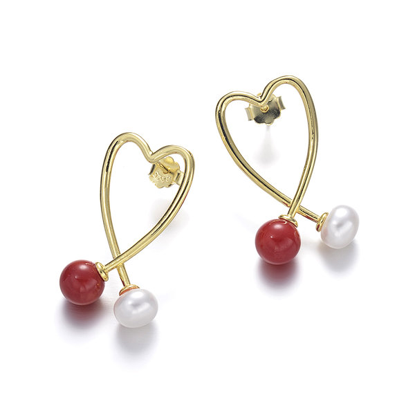 Sterling Silver Earrings, Freshwater Pearl and Coral