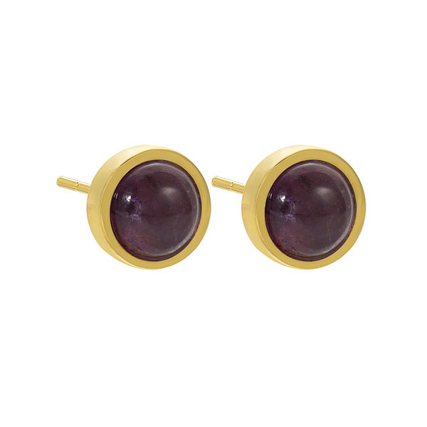Amethyst Cabochon Gold Color Brass Coin Stud Earring