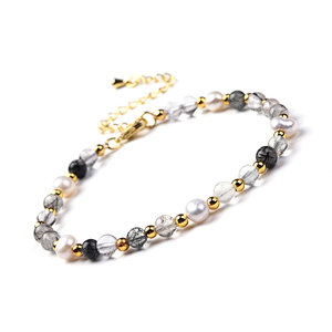 Tourmalinated Quartz and Freshwater Beads Bracelet, Brass Lobster Clasp