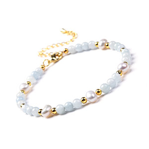 Aquamarine and Freshwater Beads Bracelet, Brass Lobster Clasp