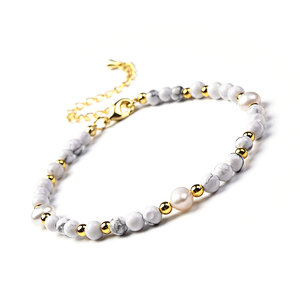 Howlite and Freshwater Beads Bracelet, Brass Lobster Clasp