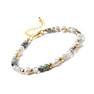 Moss Agate and Freshwater Beads Bracelet, Brass Lobster Clasp