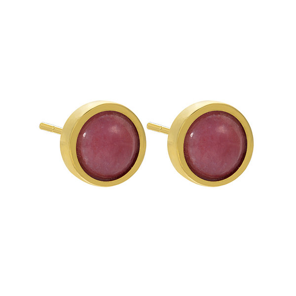 Rhodonite Cabochon Gold Color Brass Coin Stud Earring