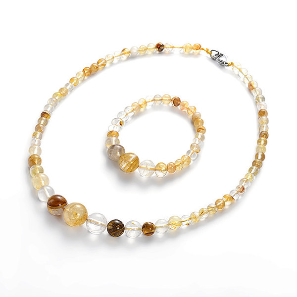 Natural Yelllow Crystal Graduated Round Beaded Bracelet and Necklace Set, Brass Lobster Clasp