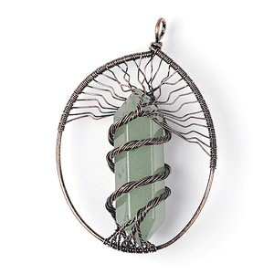Green Aventurine Hexagonal Prism Brass Wire Wraped Tree of Life Pendant