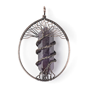Amethyst Hexagonal Prism Brass Wire Wraped Tree of Life Pendant