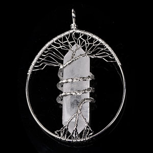 Crystal Hexagonal Prism Brass Wire Wraped Tree of Life Pendant