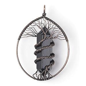 Black Obsidian Hexagonal Prism Brass Wire Wraped Tree of Life Pendant