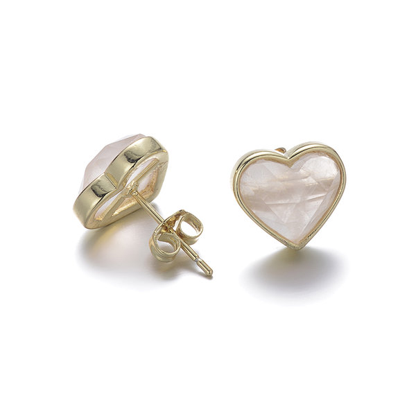 Rose Quartz Heart Brass Earrings