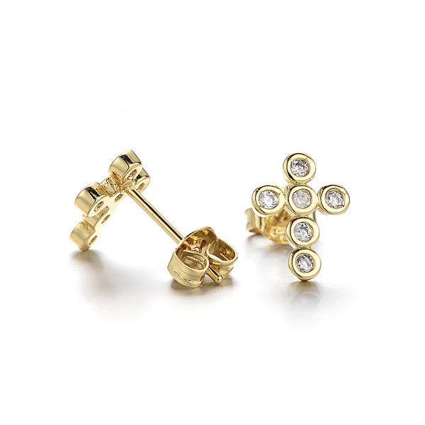 Zircon Pave Brass Stud Earrings,Cross