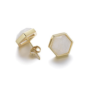 Moonstone Faceted Hexagon Brass Stud Earrings