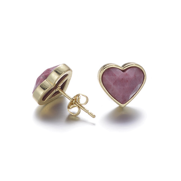 Rhodonite Heart Brass Earrings