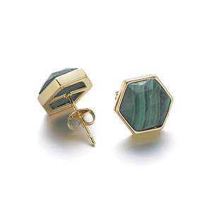 Malachite Faceted Hexagon Brass Stud Earrings