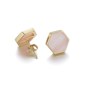 Pink Shell Hexagon Brass Stud Earrings