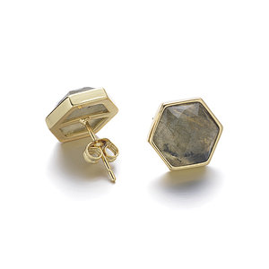 Labradorite Faceted Hexagon Brass Stud Earrings