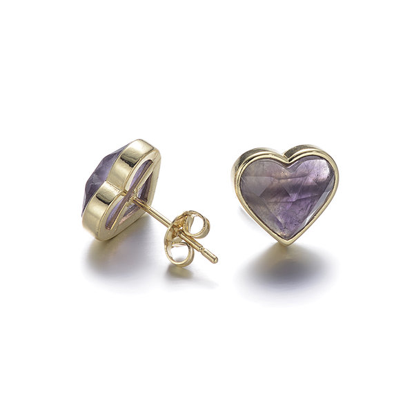 Amethyst Heart Brass Earrings