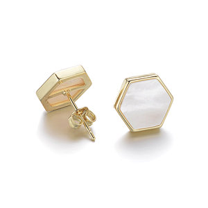 White Shell Hexagon Brass Stud Earrings
