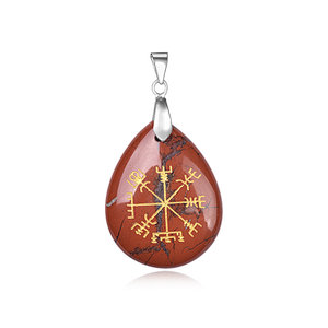 Red Stone Drop Pendant with Gold Foil, Brass Pendant Bail