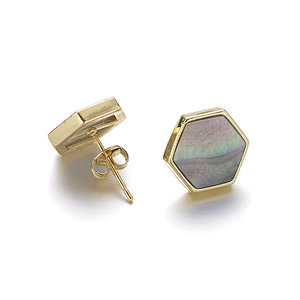 Natural Gray Shell Hexagon Brass Stud Earrings