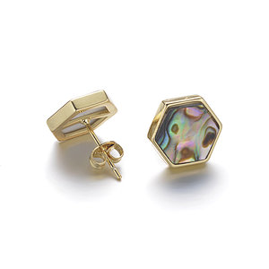 Abalone Hexagon Brass Stud Earrings
