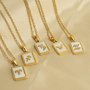 18K Gold Plated White Shell Stainless Steel Zodiac Rectangle Pendant Necklace