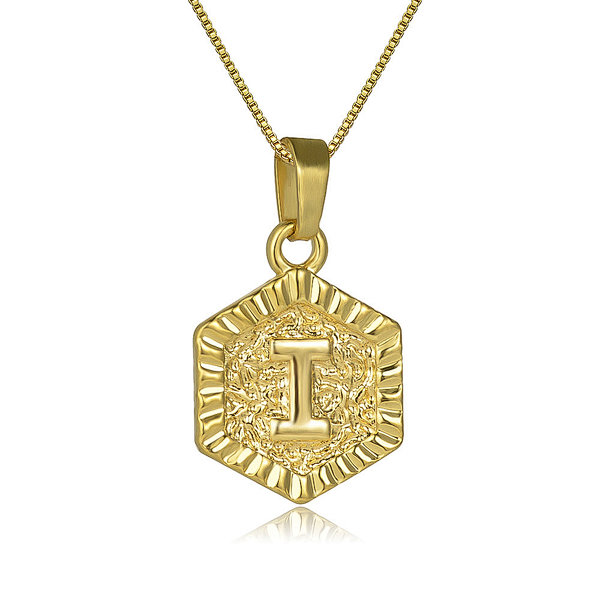 Gold Plated Stainless Steel Hexagon Letter Pendant Necklace